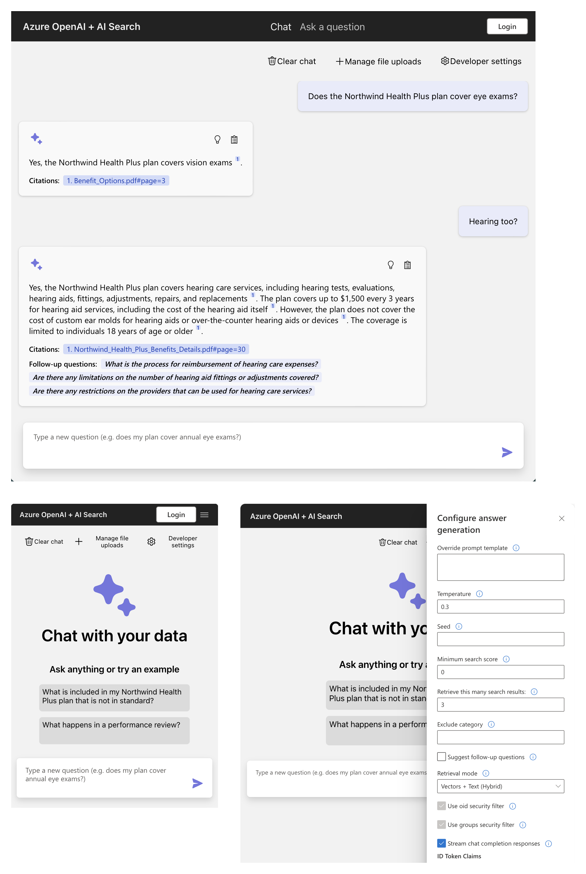 微软 Azure Samples 官方示例：答案中的编号对应下方 PDF 来源与页码；图下半部分为移动端和配置界面。© 2023 Azure Samples，MIT License
